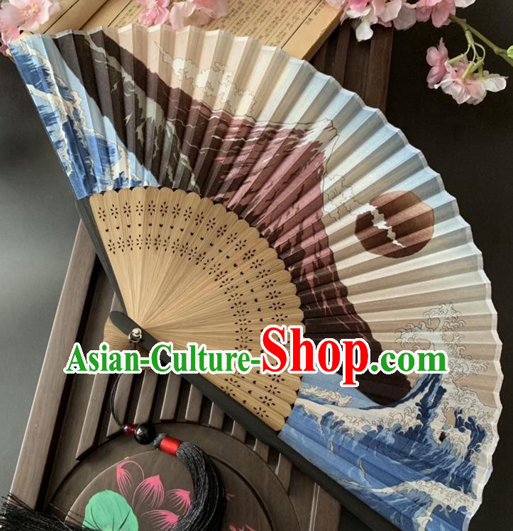 Chinese Classical Accordion Cloth Fans Handmade Printing Japan Mount Fuji Folding Fan Bamboo Fan