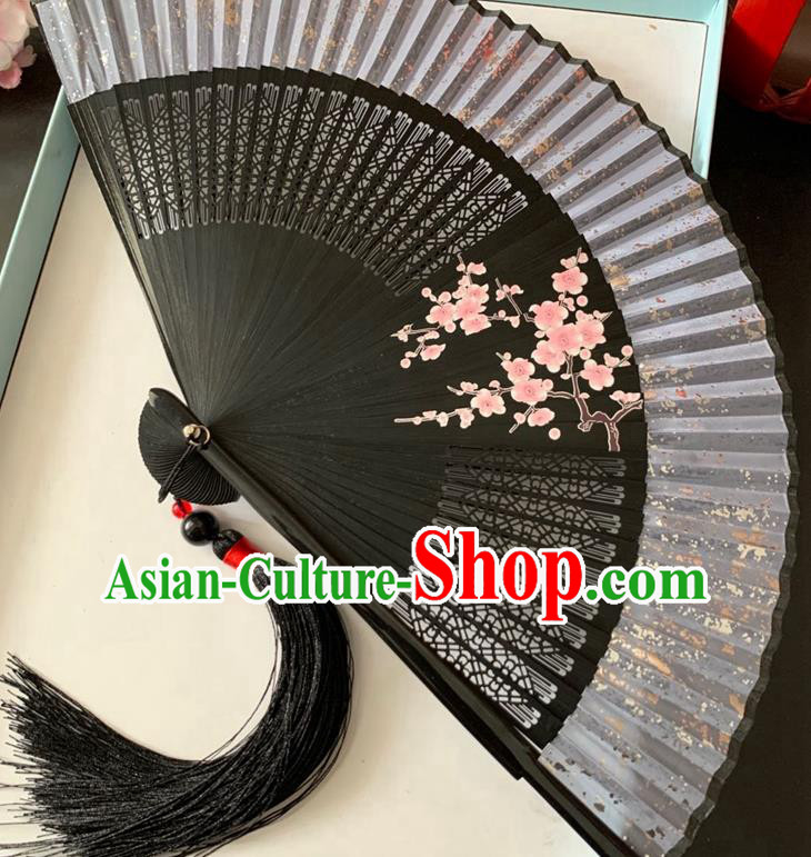 Chinese Handmade Bamboo Fan Classical Dance Grey Silk Accordion Printing Plum Blossom Folding Fan
