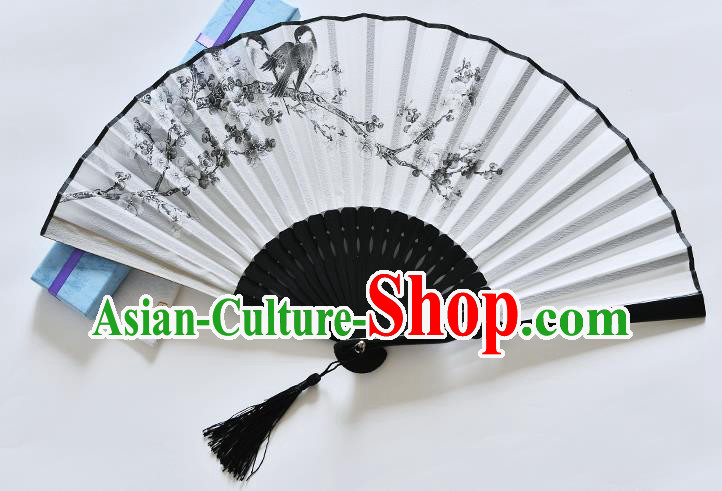 Handmade Chinese Ink Painting Plum Blossom Folding Fan Accordion Silk Fans