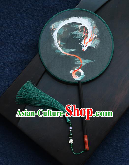 China Handmade Green Silk Fan Classical Dance Circular Fan Traditional Embroidered Dragon Palace Fan
