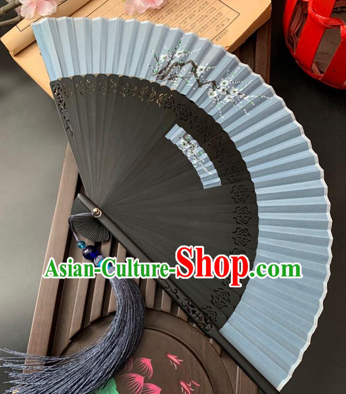 Chinese Handmade Hollowed Bamboo Fan Classical Dance Grey Silk Accordion Printing Plum Blossom Folding Fan