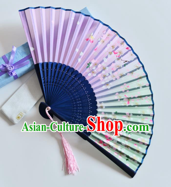 Handmade Chinese Printing Sakura Folding Fan Accordion Lilac Silk Fans