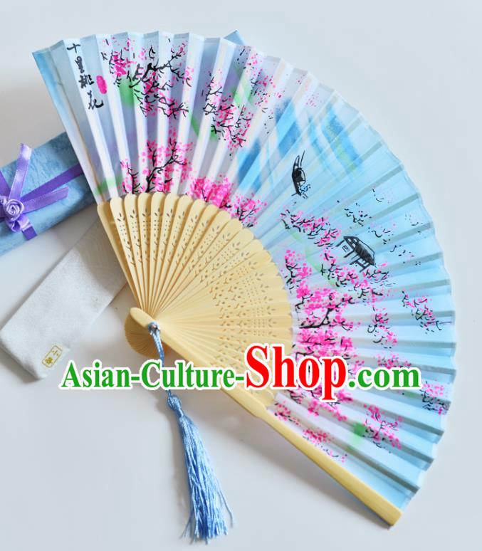 Handmade Chinese Accordion Blue Silk Fans Printing Peach Blossom Folding Fan