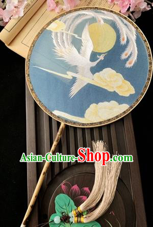 China Classical Embroidered Phoenix Circular Fan Dance Fans Handmade Palace Fan Traditional Hanfu Blue Silk Fan