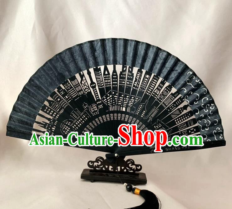 Chinese Classical Dance Accordion Craft Handmade Hollowed Black Bamboo Fan Silk Folding Fan