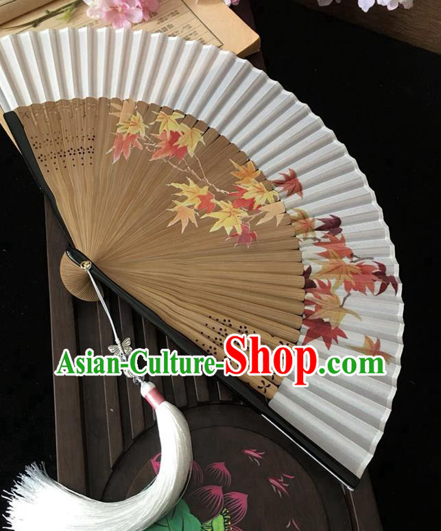 Chinese Printing Maple Leaf Folding Fan Classical Dance Silk Accordion Craft Handmade Bamboo Fan