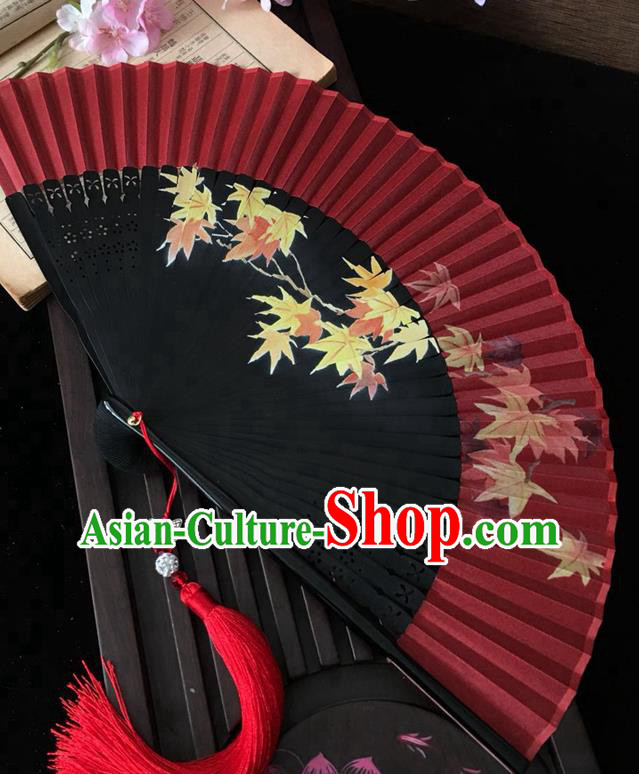 Chinese Handmade Bamboo Fan Printing Maple Leaf Folding Fan Classical Dance Red Silk Accordion Craft