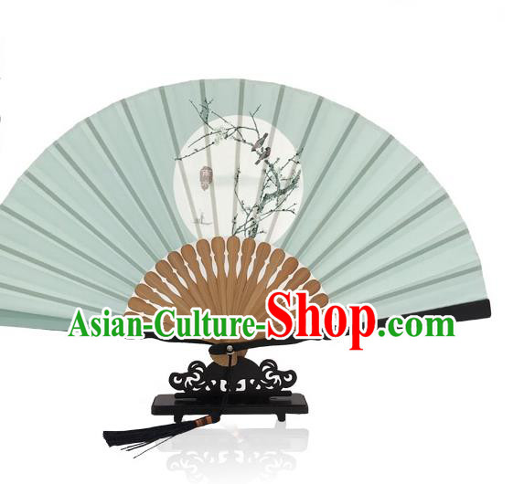 Handmade Chinese Classical Dance Rain Water Accordion Printing Twenty Four Solar Terms Folding Fan Green Silk Fans