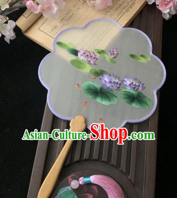 China Classical Embroidered Purple Lotus Fan Handmade Palace Fan Traditional Hanfu Silk Fan Dance Fans