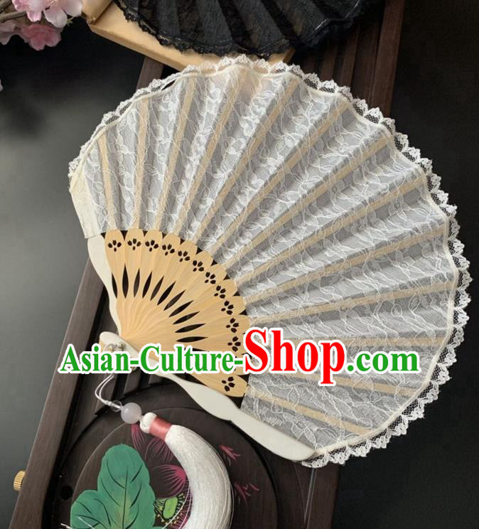 Japan Classical Dance White Lace Accordion Scallop Folding Fan Handmade Bamboo Fan