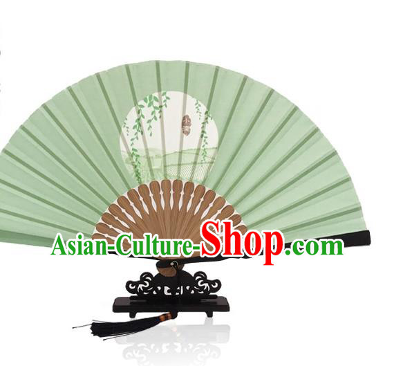 Handmade Grain Full Accordion Chinese Printing Twenty Four Solar Terms Folding Fan Light Green Silk Fan