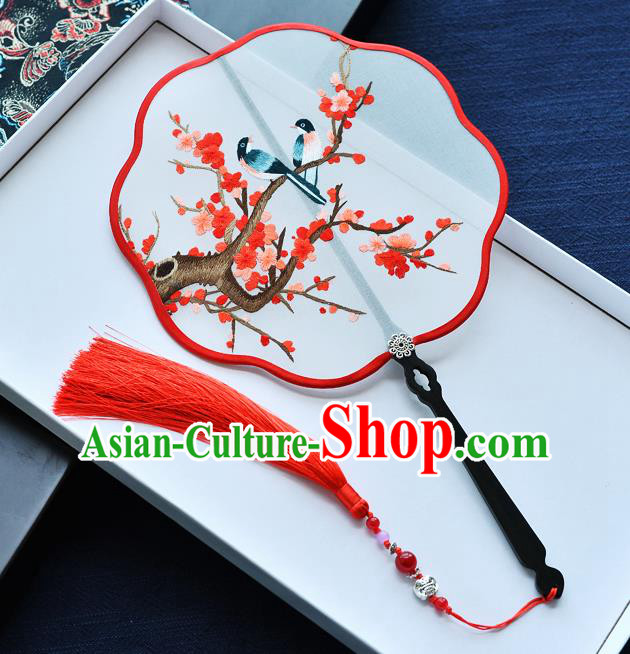 China Classical Dance Fan Traditional Embroidered Red Plum Blossom Palace Fan Handmade Silk Fan
