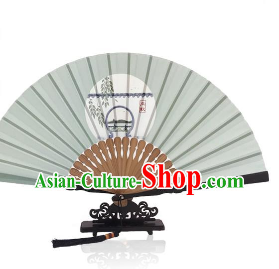 Grey Silk Fan Chinese Printing Twenty Four Solar Terms Folding Fan Handmade the Beginning of Autumn Accordion