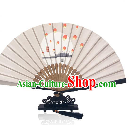 Chinese Sky Lantern Silk Fan Printing Twenty Four Solar Terms Folding Fan Handmade the Autumnal Equinox Accordion