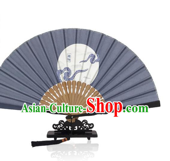 Chinese Navy Silk Fan Printing Twenty Four Solar Terms Folding Fan Handmade Frost Descent Accordion
