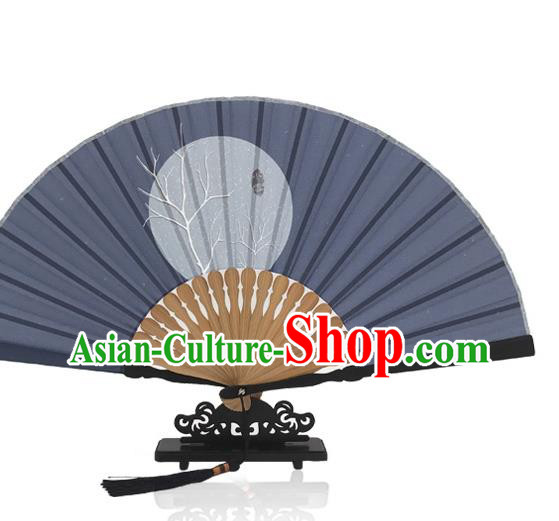 Chinese Printing Twenty Four Solar Terms Folding Fan Navy Silk Fan Handmade Slight Snow Accordion