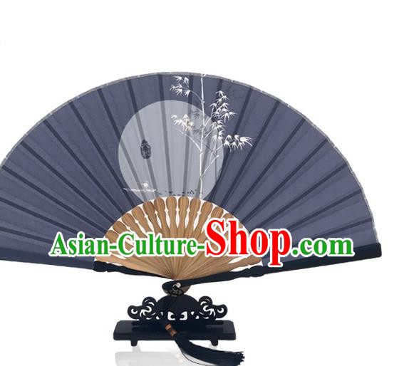 Chinese Bamboo Navy Silk Fan Handmade Great Cold Accordion Printing Twenty Four Solar Terms Folding Fan