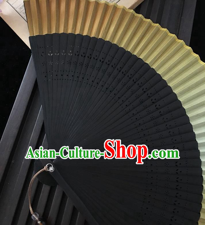 Chinese Black Bamboo Fan Handmade Accordion Golden Silk Folding Fan