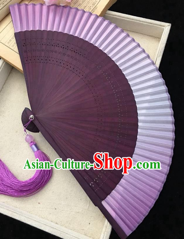 Chinese Classical Silk Folding Fan Purple Bamboo Fan Handmade Accordion