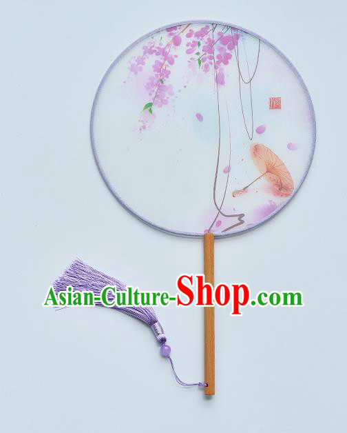 China Traditional Printing Purple Flowers Palace Fan Handmade Beech Fan Classical Dance Silk Fan