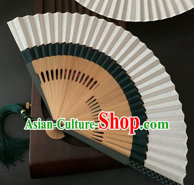 Chinese Classical Flax Folding Fan Handmade Dance Accordion Atrovirens Bamboo Fan