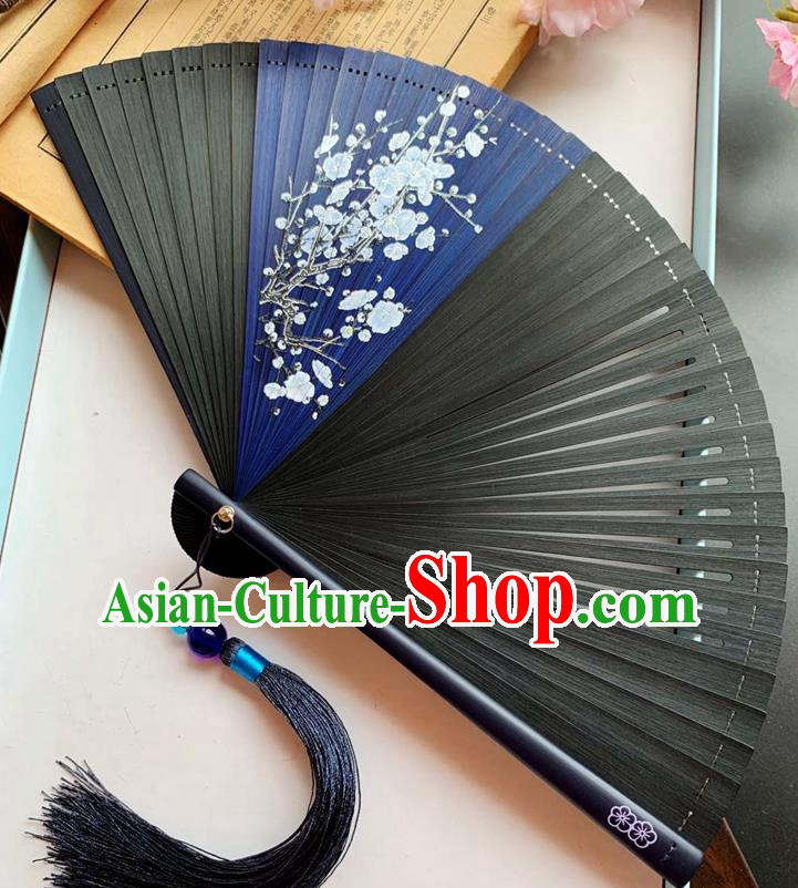 Chinese Handmade Printing Plum Blossom Accordion Classical Folding Fan Black Bamboo Fan