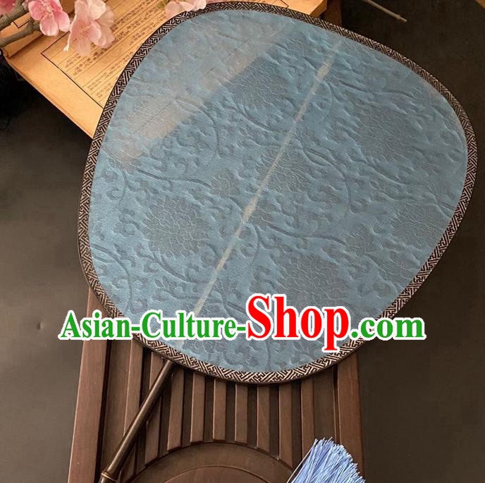 China Classical Hanfu Fan Handmade Jacquard Peony Blue Silk Fan Traditional Ancient Song Dynasty Princess Palace Fan