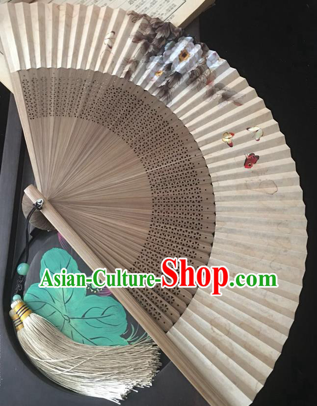 Chinese Classical Paper Accordion Brown Bamboo Fan Handmade Painting Peony Butterfly Folding Fan