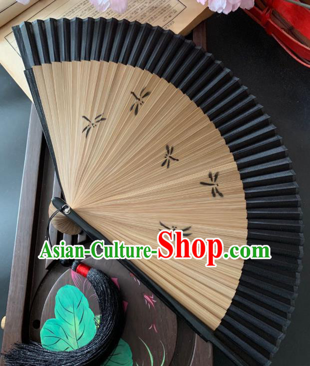 Chinese Handmade Printing Dragonfly Folding Fan Bamboo Fan Classical Black Silk Accordion