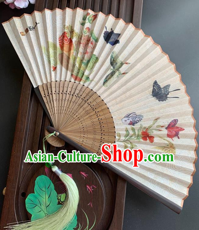 Chinese Handmade Bamboo Fan Classical Silk Accordion Printing Peony Butterfly Folding Fan