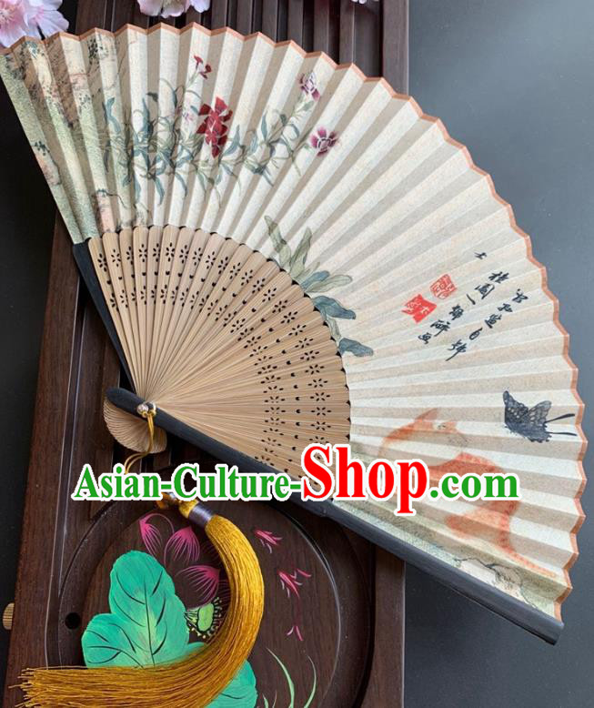 Chinese Classical Silk Accordion Printing Orchids Butterfly Cat Folding Fan Handmade Bamboo Fan