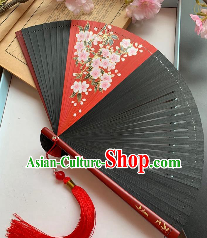 Chinese Black Bamboo Fan Handmade Printing Primrose Accordion Classical Folding Fan