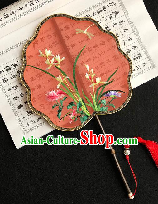 China Handmade Embroidered Orchids Palace Fan Traditional Hanfu Fan Red Silk Fan Classical Dance Fan