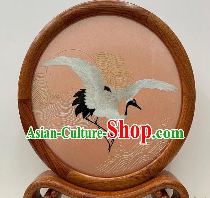 Chinese Handmade Palisander Ornament Embroidered Table Screen Traditional Suzhou Embroidery Crane Silk Craft