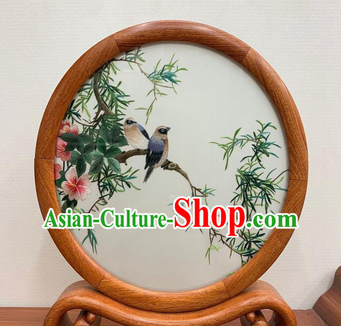Chinese Traditional Palisander Craft Handmade Suzhou Embroidery Flower Bird Ornament Embroidered Table Screen