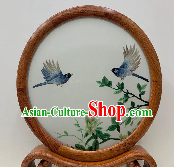 Chinese Traditional Embroidered Table Screen Palisander Craft Handmade Suzhou Embroidery Mangnolia Bird Ornament
