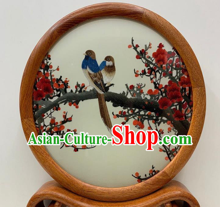 Chinese Handmade Palisander Craft Traditional Embroidered Table Screen Suzhou Embroidery Magpie Plum Ornament