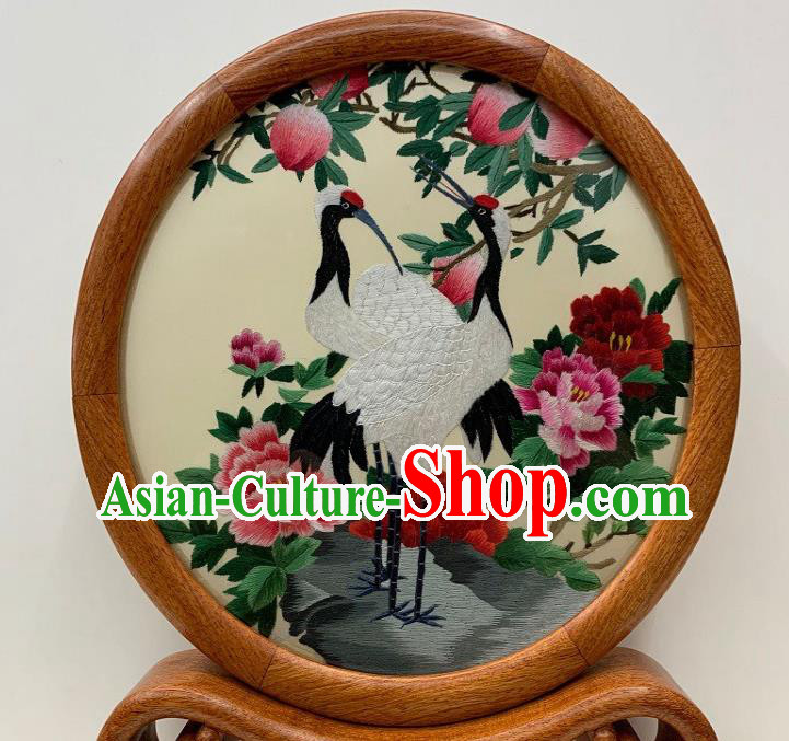 Chinese Traditional Embroidered Table Screen Suzhou Embroidery Cranes Peach Ornament Handmade Palisander Craft