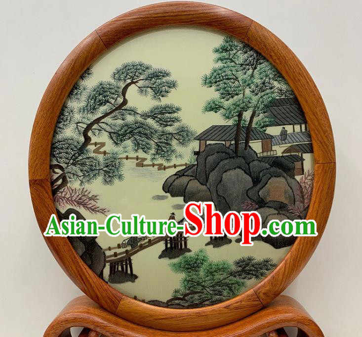 Chinese Handmade Palisander Craft Traditional Embroidered Table Screen Suzhou Embroidery Ornament