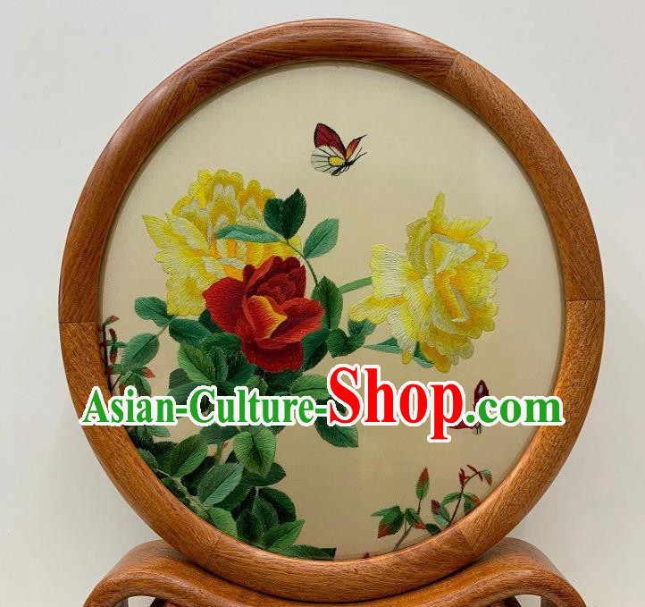 Chinese Traditional Suzhou Embroidery Peony Butterfly Ornament Embroidered Table Screen Handmade Palisander Craft