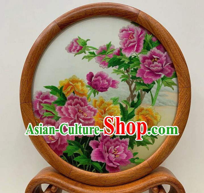 Chinese Traditional Embroidery Peony Desk Decoration Suzhou Embroidered Table Screen Handmade Palisander Craft