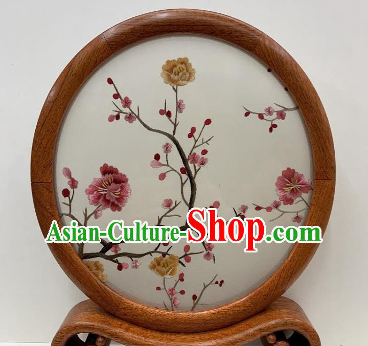 Chinese Suzhou Embroidered Table Screen Traditional Embroidery Plum Blossom Desk Decoration Handmade Palisander Craft