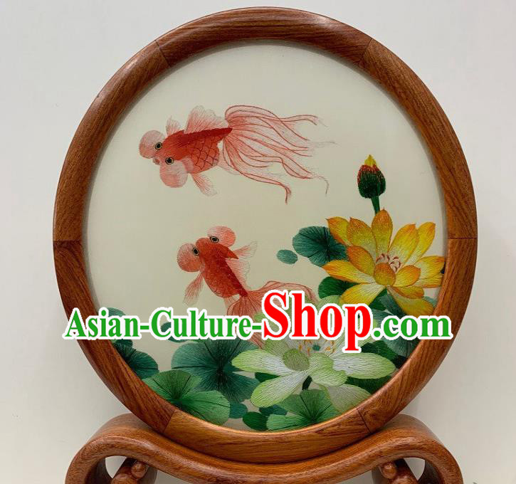 Chinese Embroidered Goldfish Lotus Table Screen Handmade Palisander Craft Traditional Embroidery Double Side Desk Decoration