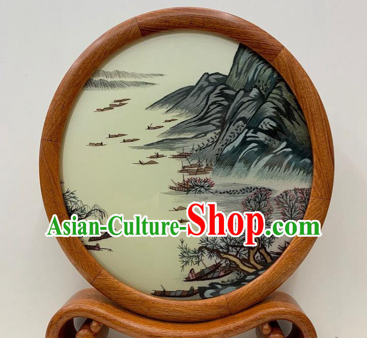 Chinese Handmade Palisander Craft Traditional Embroidery Double Side Desk Decoration Embroidered Landscape Table Screen