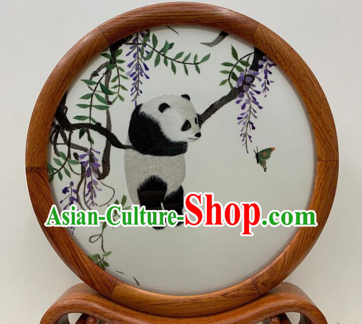 Chinese Handmade Palisander Desk Decoration Traditional Embroidery Double Side Craft Embroidered Wisteria Panda Table Screen
