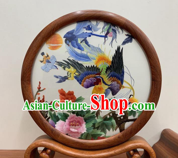 Chinese Embroidered Phoenix Peony Table Screen Handmade Palisander Desk Decoration Traditional Embroidery Double Side Craft