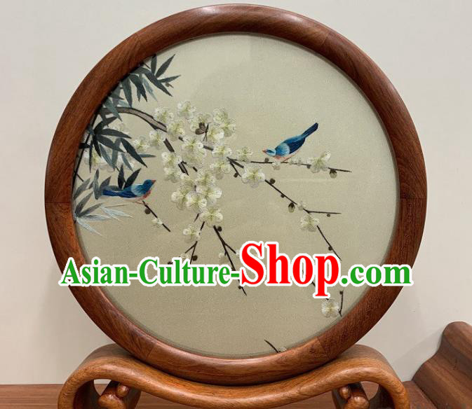 Chinese Traditional Embroidery Double Side Craft Embroidered Plum Blossom Table Screen Handmade Palisander Desk Decoration