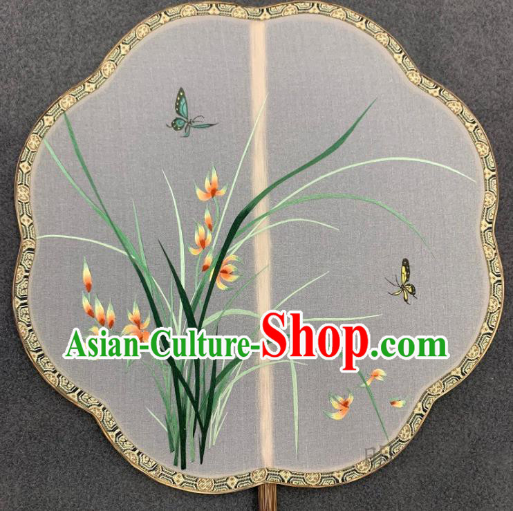 China Traditional Embroidery Orchids Silk Fan Classical Hanfu Bamboo Fan Handmade Embroidered Palace Fan