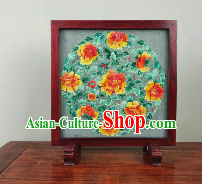 Chinese Traditional Suzhou Embroidery Silk Craft Handmade Rosewood Ornament Embroidered Peony Table Screen