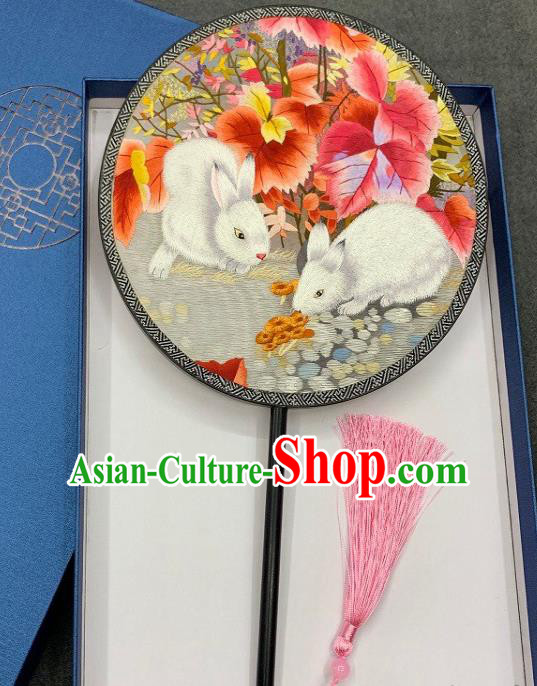 China Traditional Double Side Embroidery Silk Fan Handmade Embroidered Rabbit Palace Fan Classical Hanfu Circular Fan